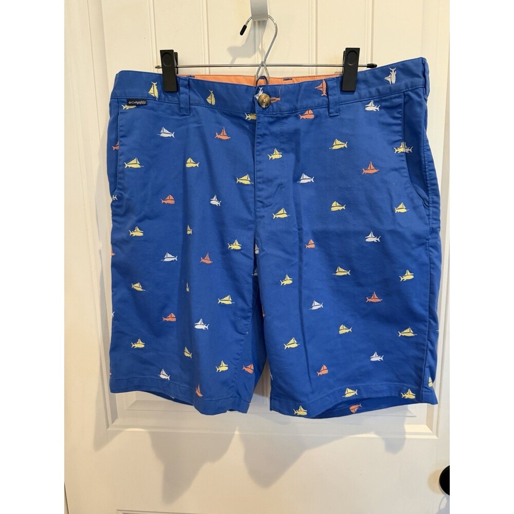 Columbia PFG Men’s Shorts 36 10” Blue Embroidered Marlin Fish Fishing Chino